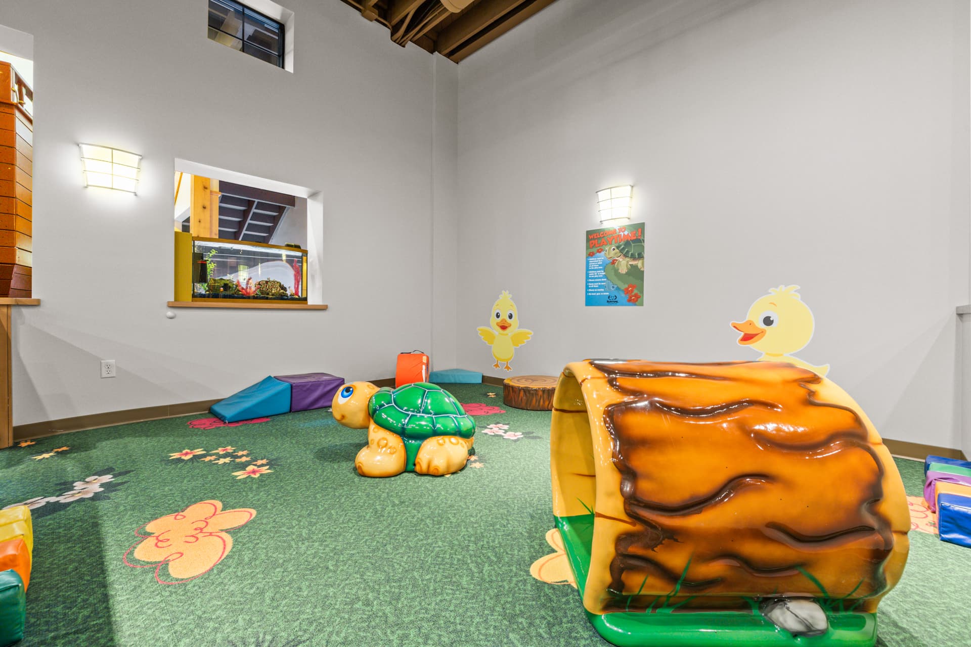 Toddler play corner with a turtle, hollowed log tunnel and soft blocks at Six Little Ducks