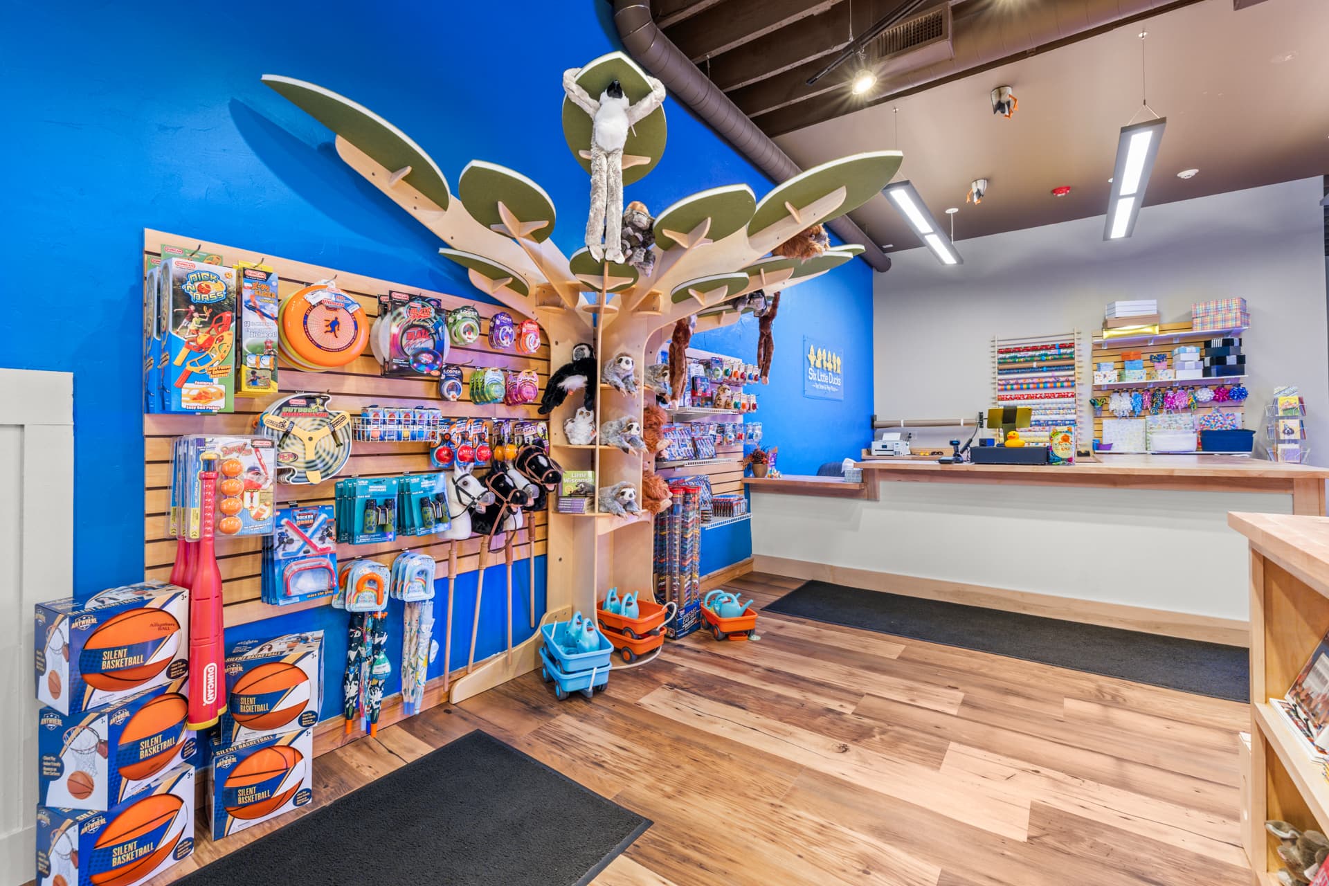 Outdoor toys and the checkout counter at the Six Little Ducks toy store